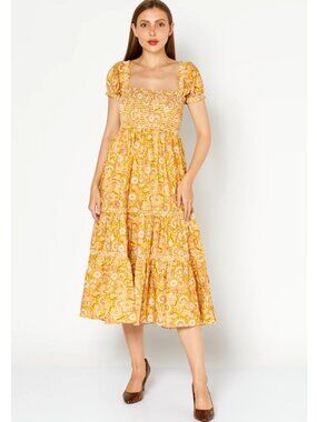 NEW O.P.T. Daphne Ruffle Cotton Floral Paisley Midi Dress Gold-Yellow/Orange - S